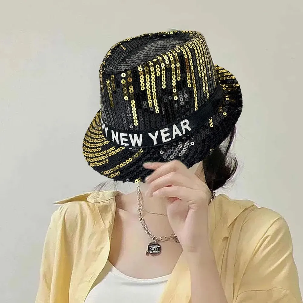 1/4 Pcs Happy New Year Hat, Flashing Light Up Fedora Hats for Adults, 2024 New Shiny Sequins Hat, Party Costume for Women Men