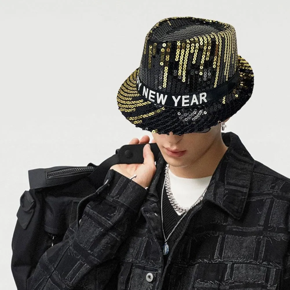 1/4 Pcs Happy New Year Hat, Flashing Light Up Fedora Hats for Adults, 2024 New Shiny Sequins Hat, Party Costume for Women Men