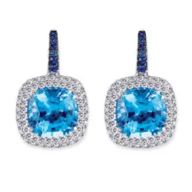 18K White Gold Earrings With Diamonds Sapphires And Center Blue Topaz