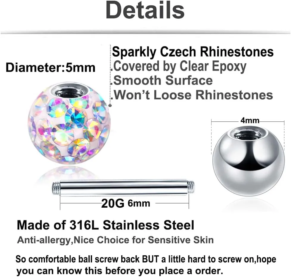 20G Stud Earrings Set for Women Girls Sensitive Ears with Screw on Backs Tragus Cartilage Jewelry