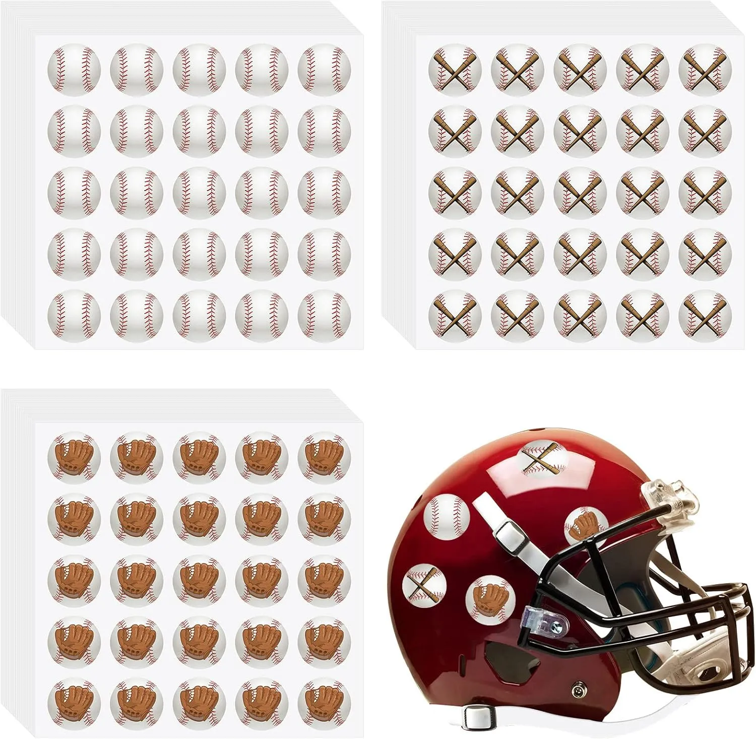 300 Pcs 12 Sheets Baseball Helmet Stickers 1.18 Inch Waterproof Round Helmet Vinyl Decals for Baseball Award Water Bottle Scrapbook Sport Party Favors