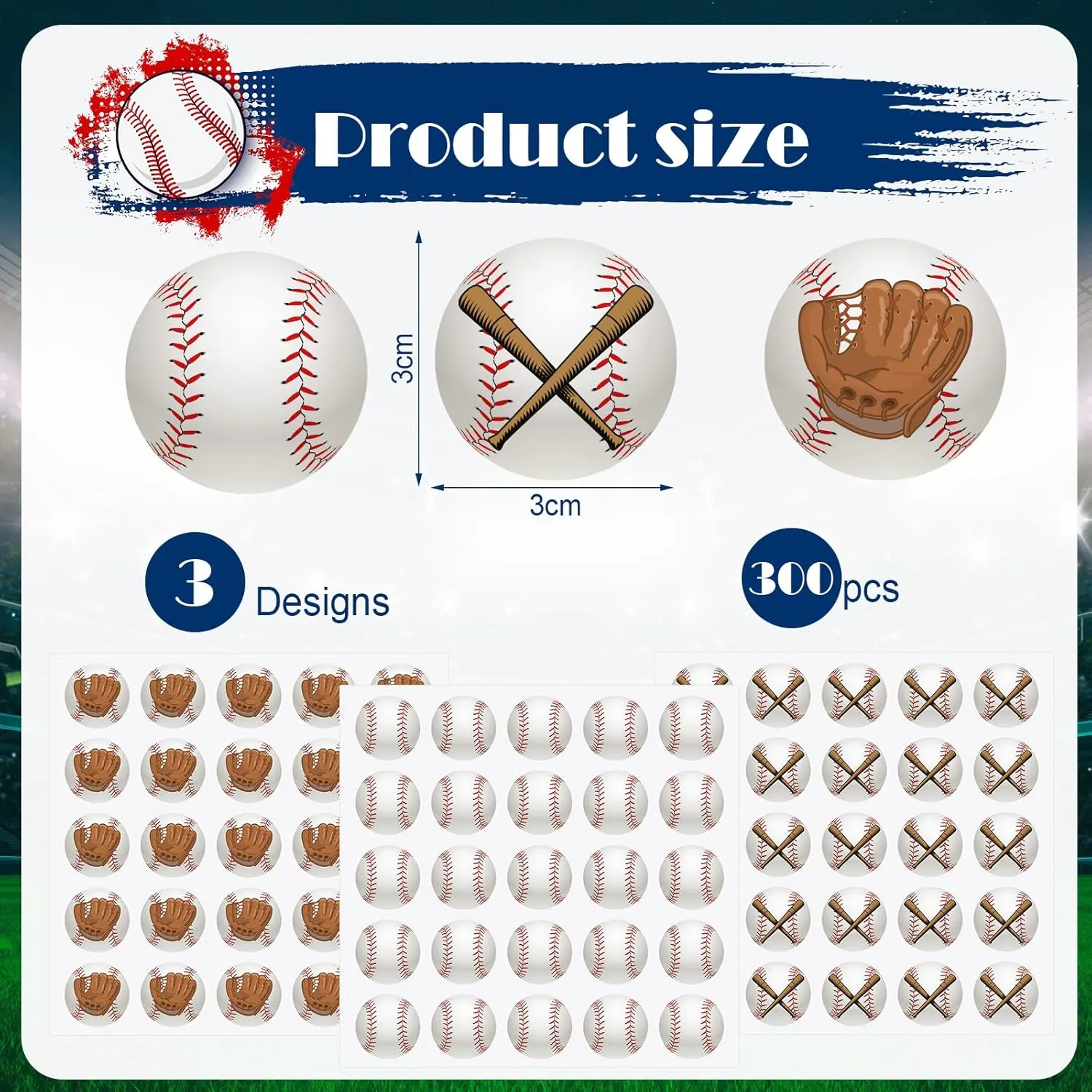 300 Pcs 12 Sheets Baseball Helmet Stickers 1.18 Inch Waterproof Round Helmet Vinyl Decals for Baseball Award Water Bottle Scrapbook Sport Party Favors