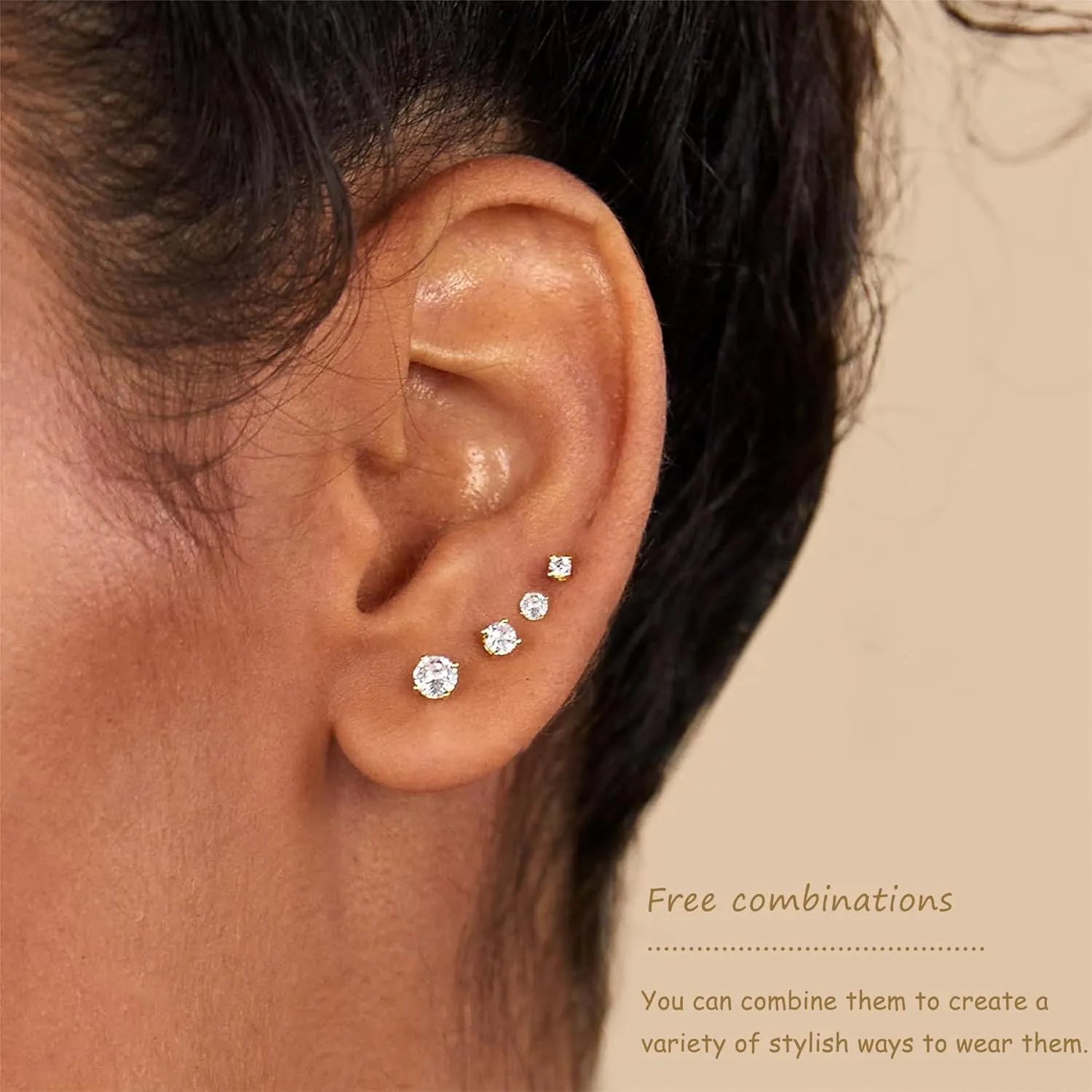 5 Pairs 14K Gold Plated Stud Earrings for Women, Hypoallergenic Earring Sets for Multiple Piercing, Premium Cubic Zirconia Studs Earrings for Women