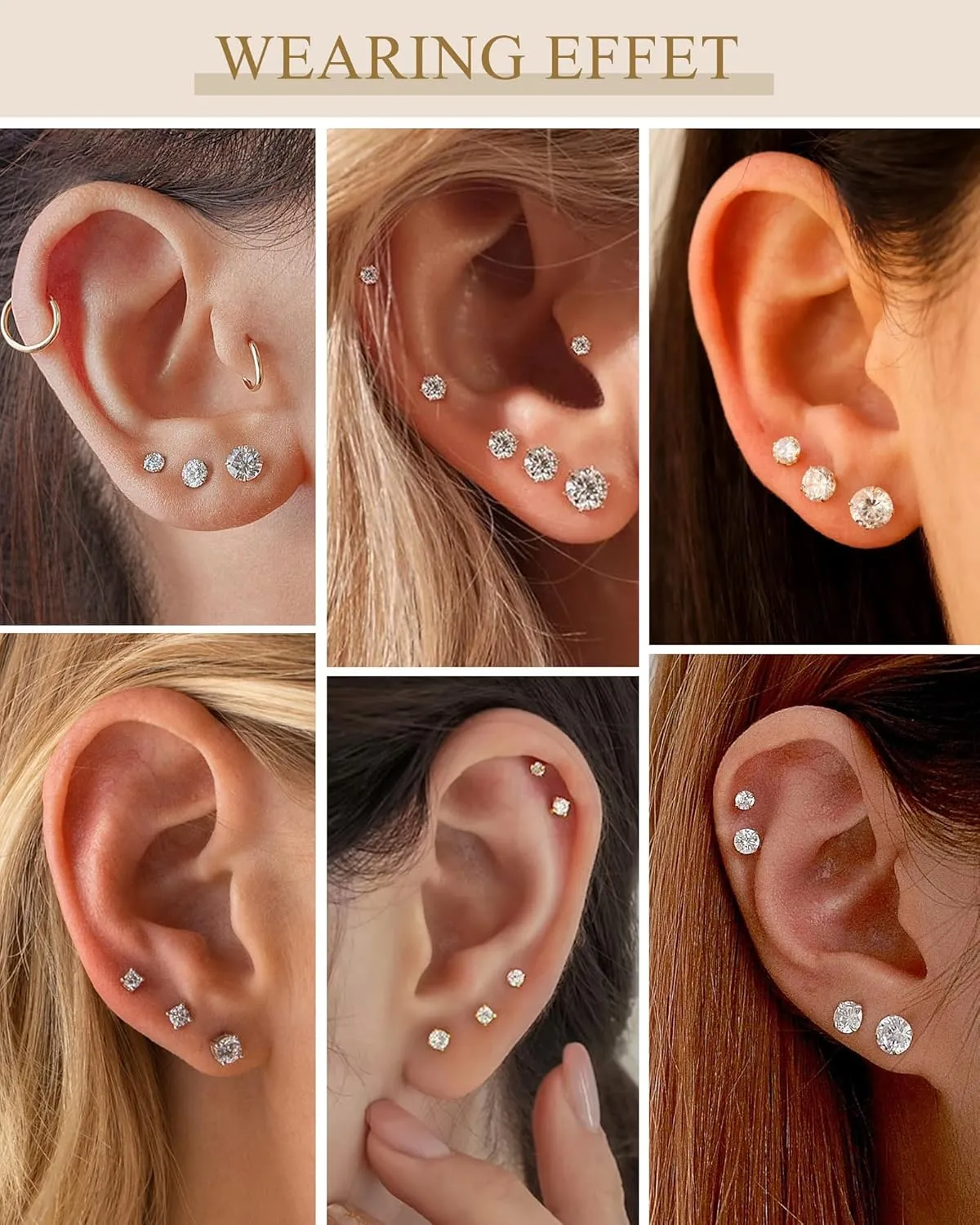 5 Pairs 14K Gold Plated Stud Earrings for Women, Hypoallergenic Earring Sets for Multiple Piercing, Premium Cubic Zirconia Studs Earrings for Women