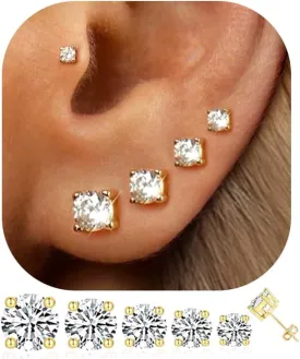 5 Pairs 14K Gold Plated Stud Earrings for Women, Hypoallergenic Earring Sets for Multiple Piercing, Premium Cubic Zirconia Studs Earrings for Women