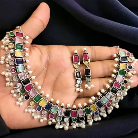 Aastha Silver Oxidised Necklace Set, Multi
