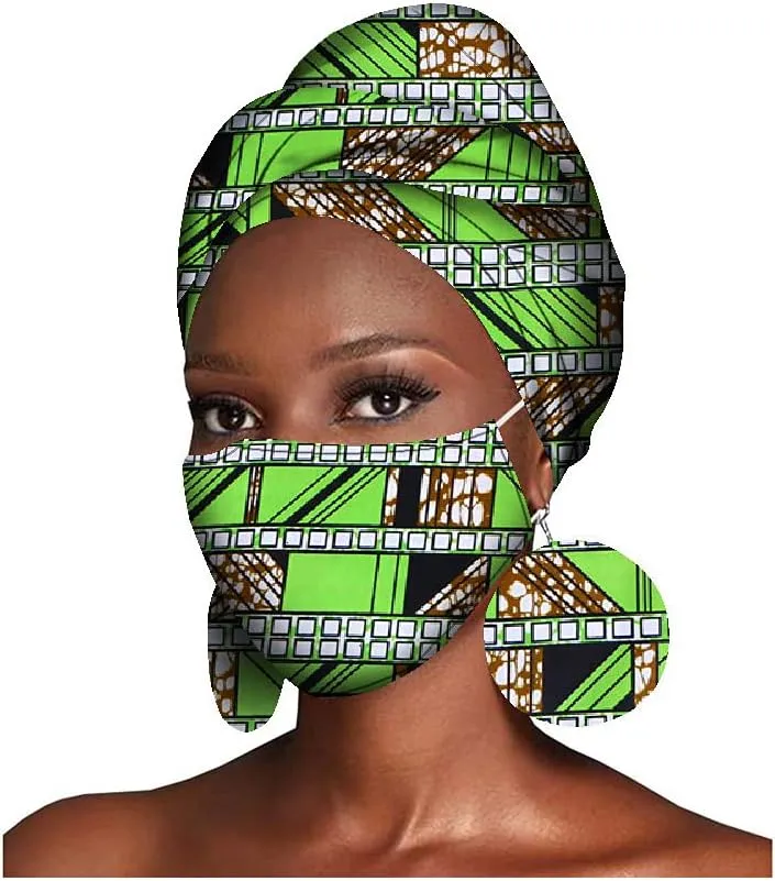 African Headwraps Earrings Face Mask Cotton Headband Bonnet Ankara Wax Fabric Pure Cotton African Headscarf Mask Match Print