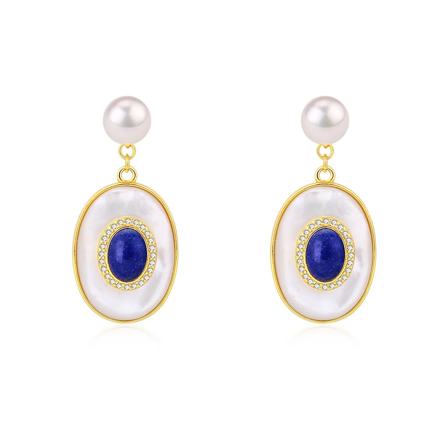 Blue Lapis Lazuli Mother of Pearls Earrings Gold Vermeil