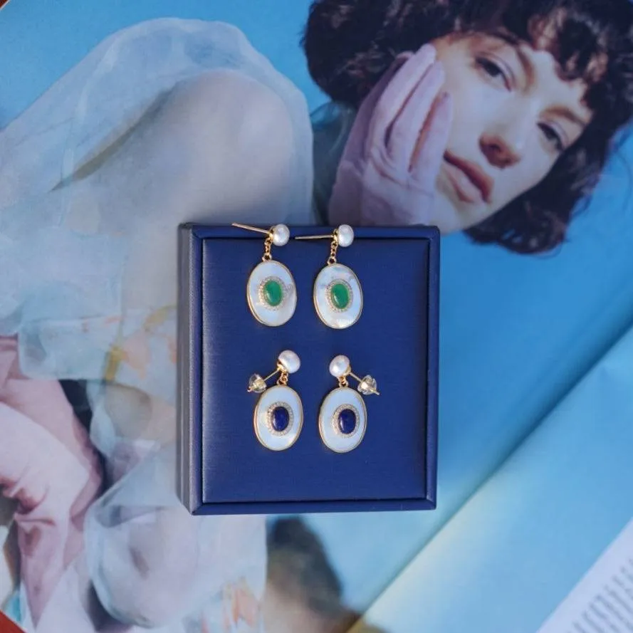 Blue Lapis Lazuli Mother of Pearls Earrings Gold Vermeil