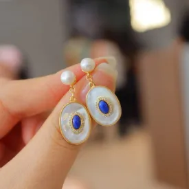 Blue Lapis Lazuli Mother of Pearls Earrings Gold Vermeil