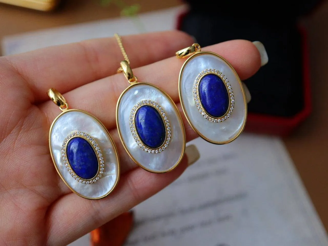 Blue Lapis Lazuli Mother of Pearls Earrings Gold Vermeil