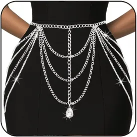 BODIY Rhinestone Belly Waist Chain Silver Dress Chain Belt Layered Crystal Body Accessories for Women