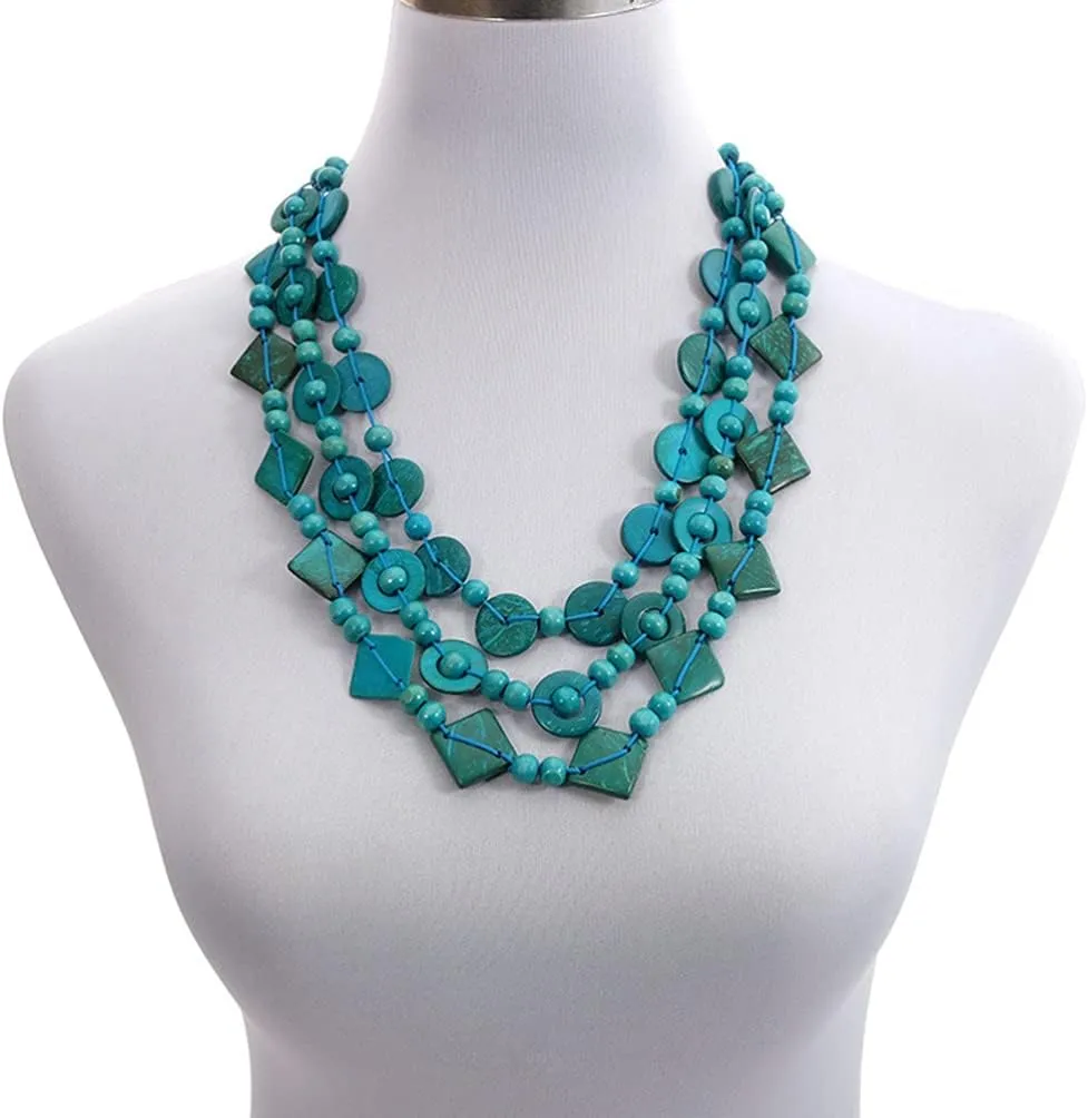 Bohemian Shell Necklace Wood Bead Statement Collar Necklace Chunky Layered Necklace Handmade Beaded Long Necklace for Women