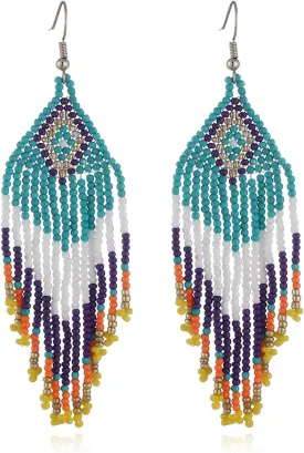 Boho Colorful Statement Tassel Long Beaded Dangle Earrings for Women Native Handmade Earrings