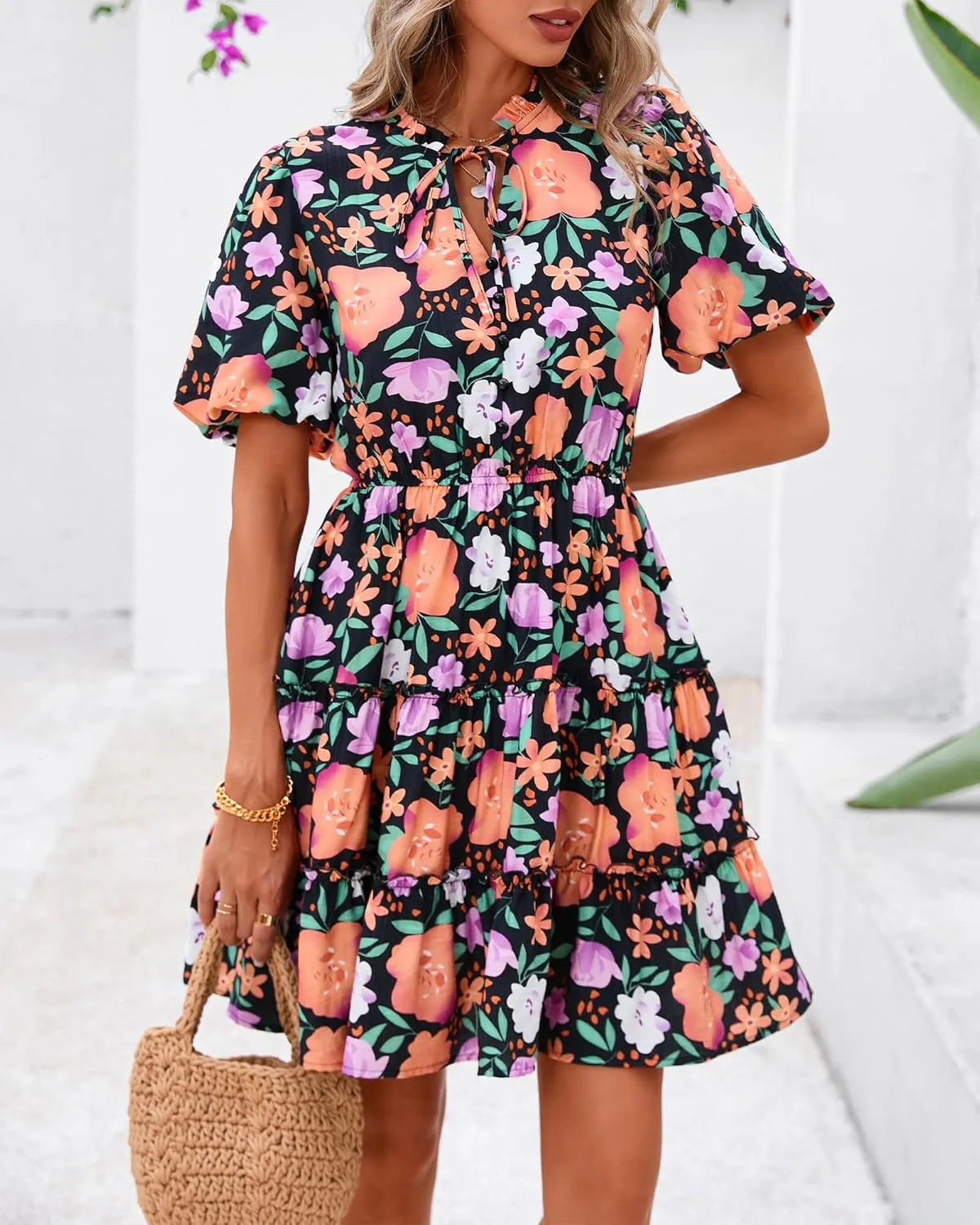 BTFBM Women Summer Floral Short Dresses V Neck Short Sleeve Tiered Ruffle Boho Swing Dress A-Line Mini Dresses