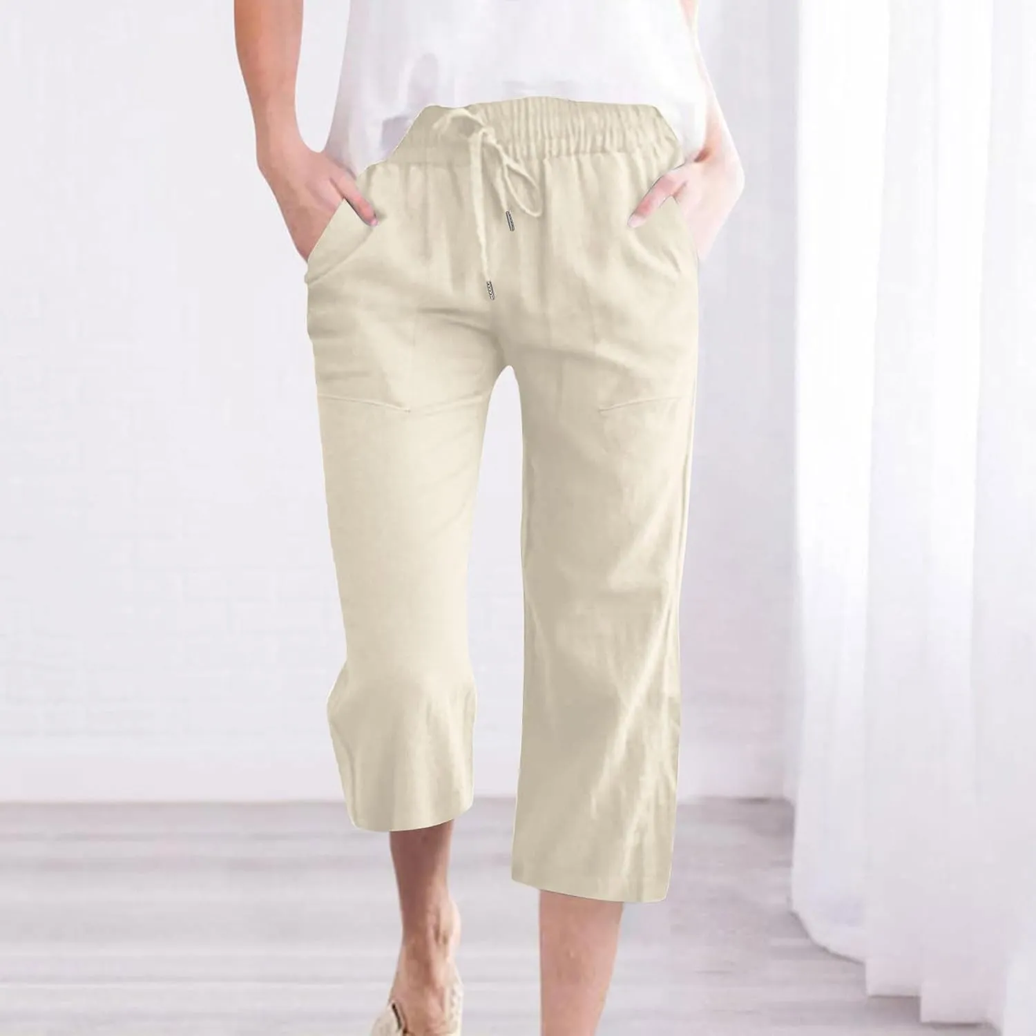 Capri Pants for Women Summer Casual Lounge Pants Cotton Linen Soft Drawstring Baggy Cropped Trousers with Pockets
