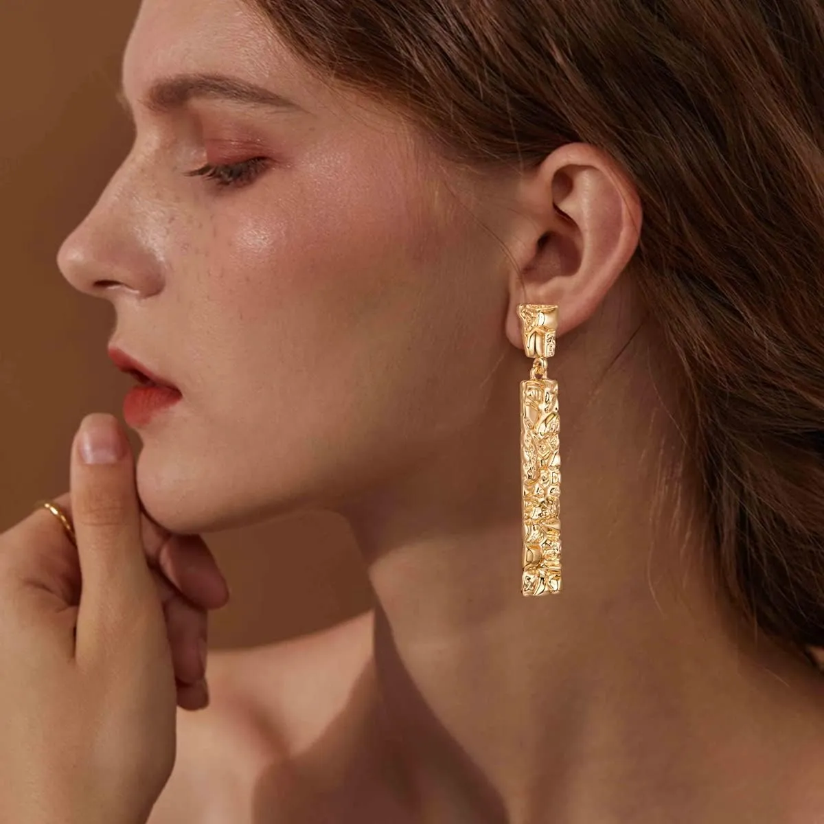 Chunky Gold Earrings for Women - Hammered Gold Plated Dangle Drop Jewelry Gifts