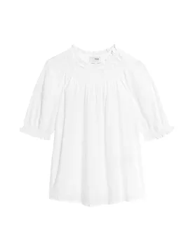 Cotton Blend Crew Neck Smocked Blouse
