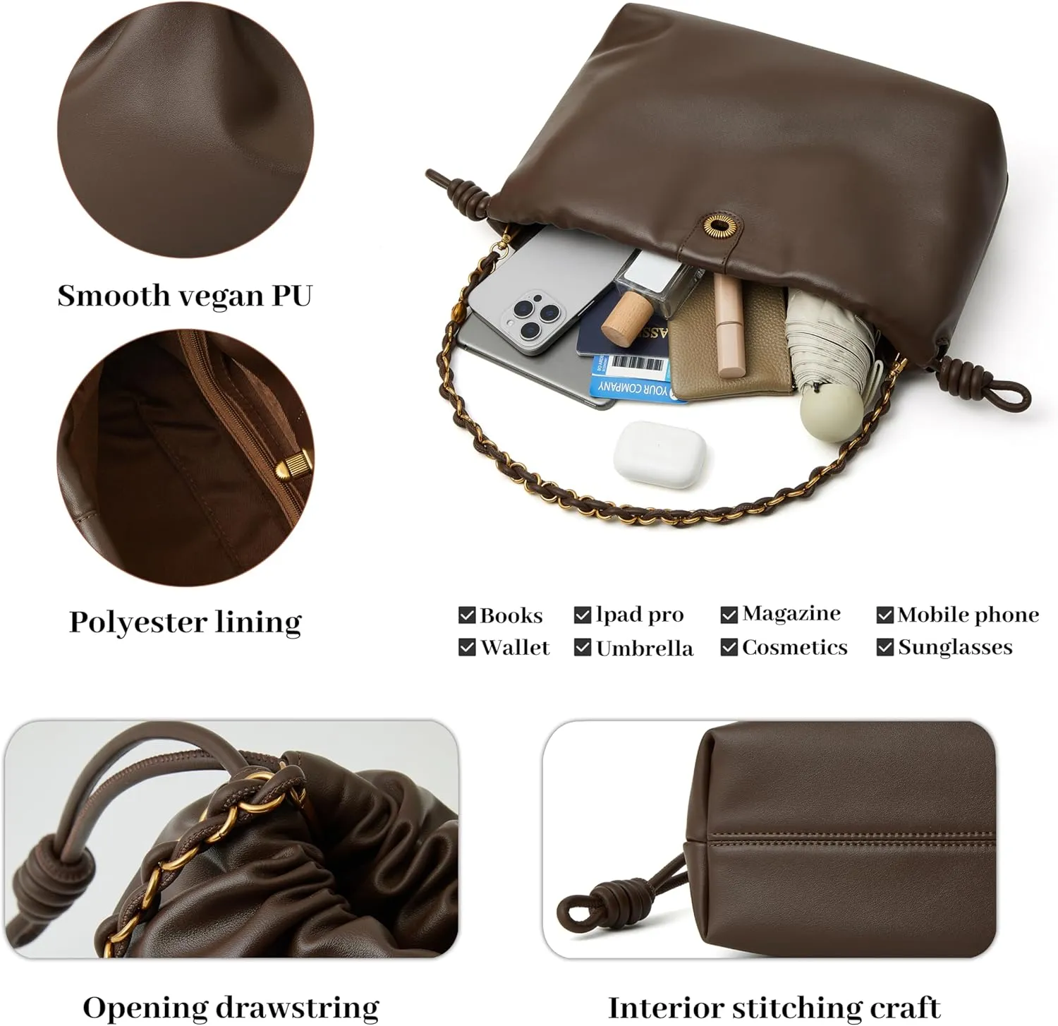 Drawstring Hobo Purse for Women Trendy Bucket Shoulder Bag With Top Chain Handle And Long Crossbody Strap