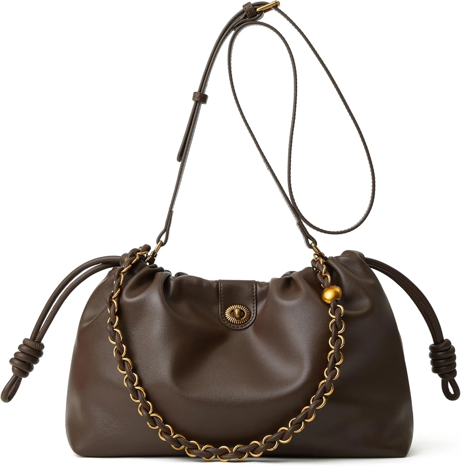 Drawstring Hobo Purse for Women Trendy Bucket Shoulder Bag With Top Chain Handle And Long Crossbody Strap