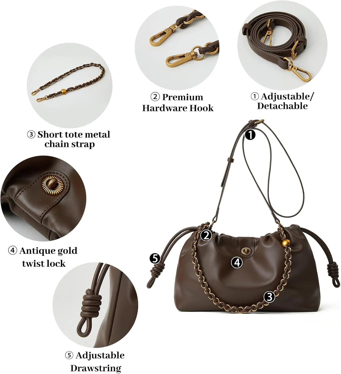 Drawstring Hobo Purse for Women Trendy Bucket Shoulder Bag With Top Chain Handle And Long Crossbody Strap