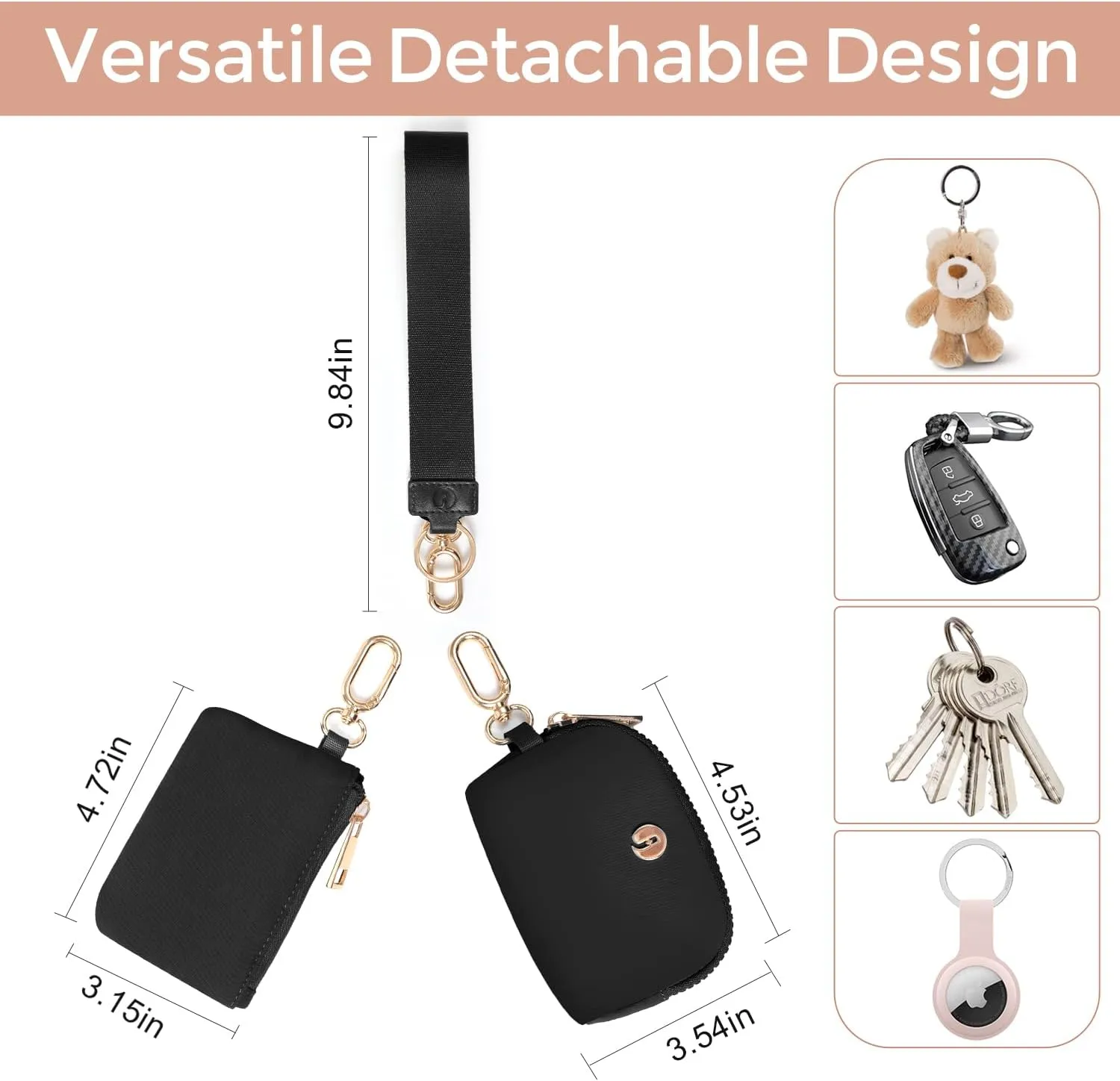 Dual Pouch Wristlet Keychain Wallet with 2 Wrist Straps - Small and Portable Mini Zipper Coin Purse Card Wallets for Women Men Gold Hardware Black Black