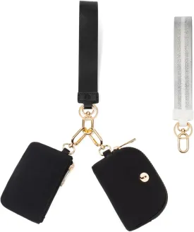 Dual Pouch Wristlet Keychain Wallet with 2 Wrist Straps - Small and Portable Mini Zipper Coin Purse Card Wallets for Women Men Gold Hardware Black Black