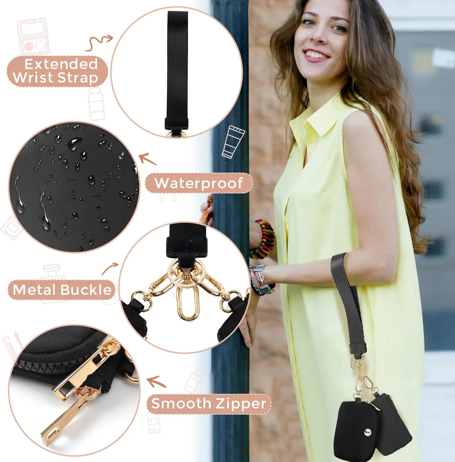 Dual Pouch Wristlet Keychain Wallet with 2 Wrist Straps - Small and Portable Mini Zipper Coin Purse Card Wallets for Women Men Gold Hardware Black Black