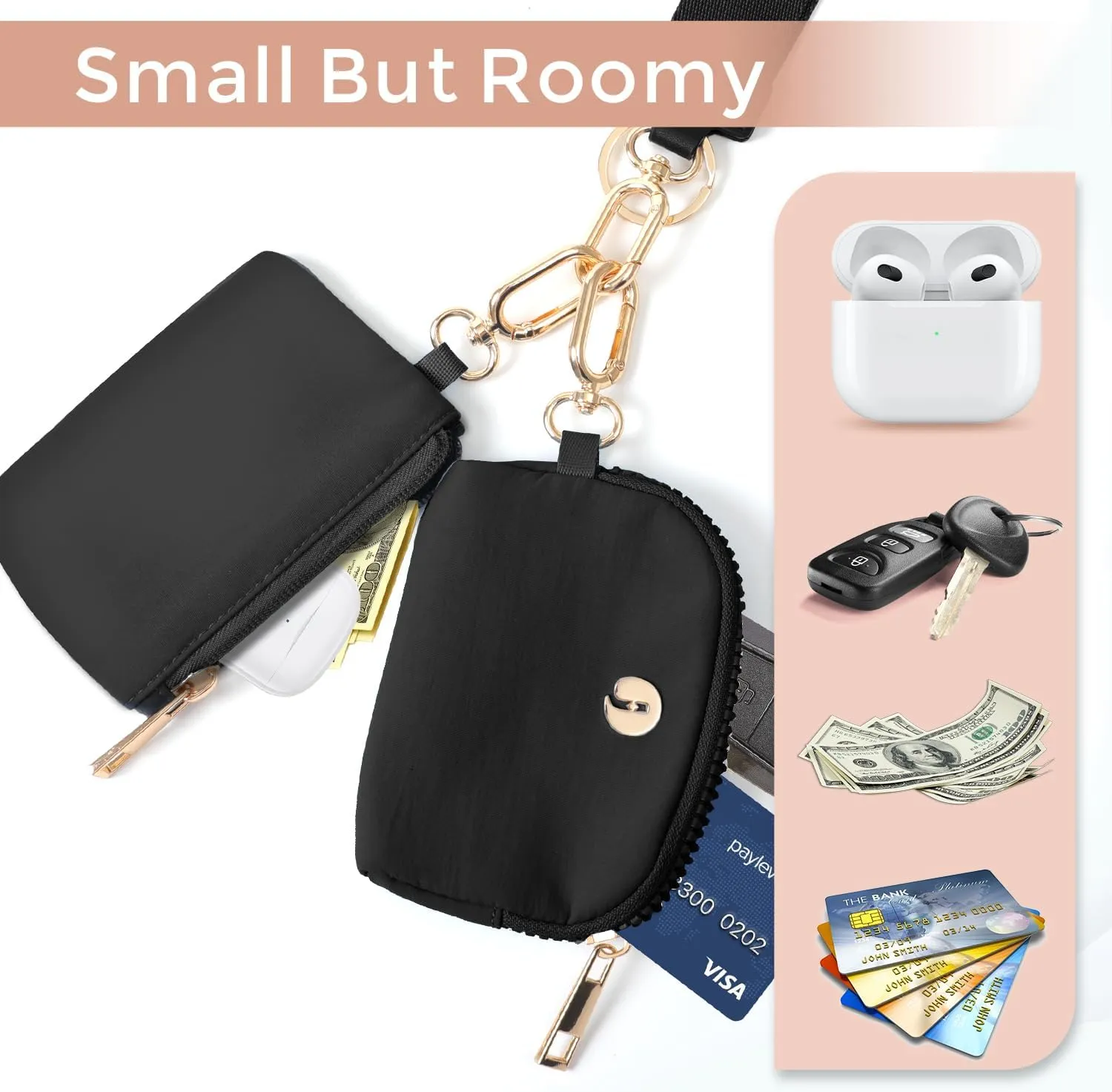 Dual Pouch Wristlet Keychain Wallet with 2 Wrist Straps - Small and Portable Mini Zipper Coin Purse Card Wallets for Women Men Gold Hardware Black Black