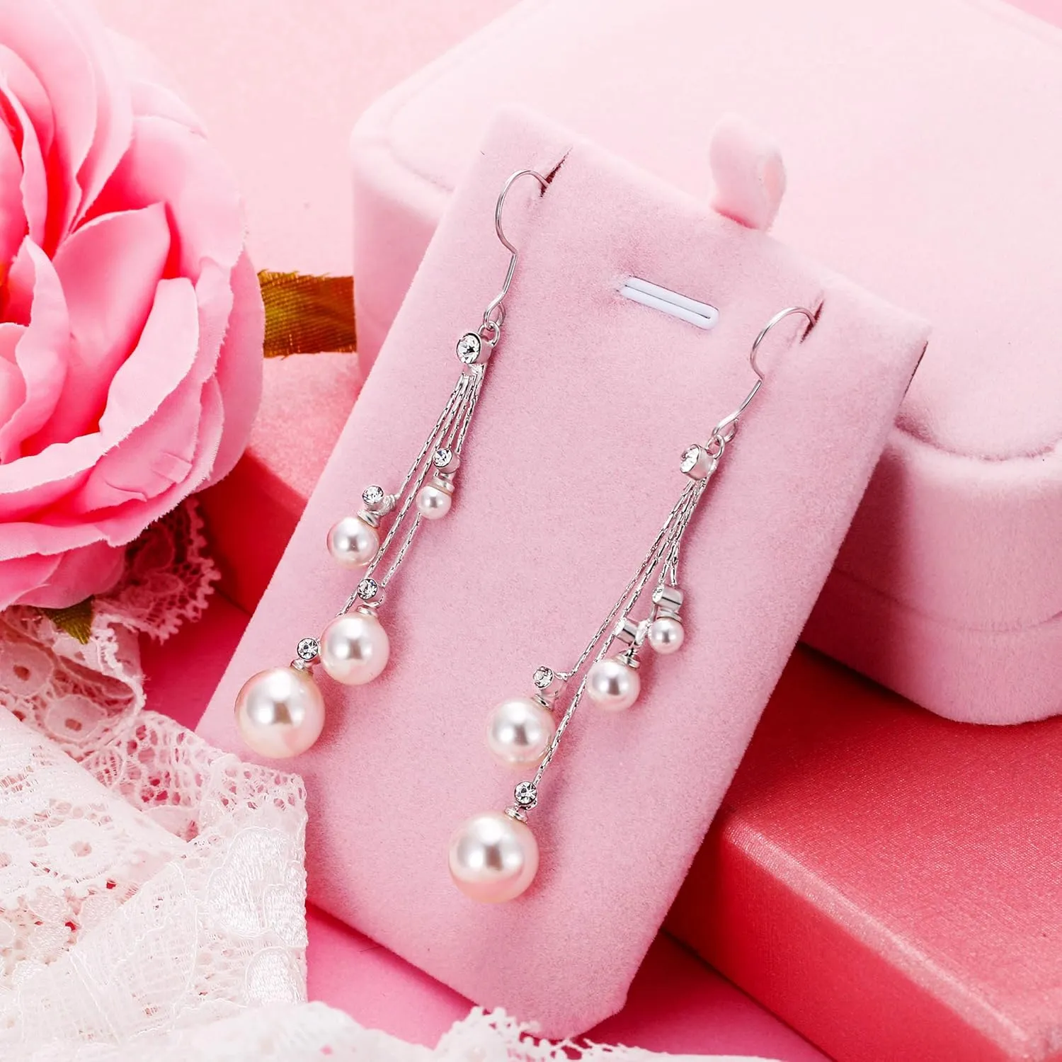 EleQueen Women's Silver-tone Crystal Simulated Pearl 4 Chain Bridal Long Dangle Hook Earrings Ivory Color