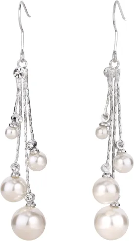 EleQueen Women's Silver-tone Crystal Simulated Pearl 4 Chain Bridal Long Dangle Hook Earrings Ivory Color