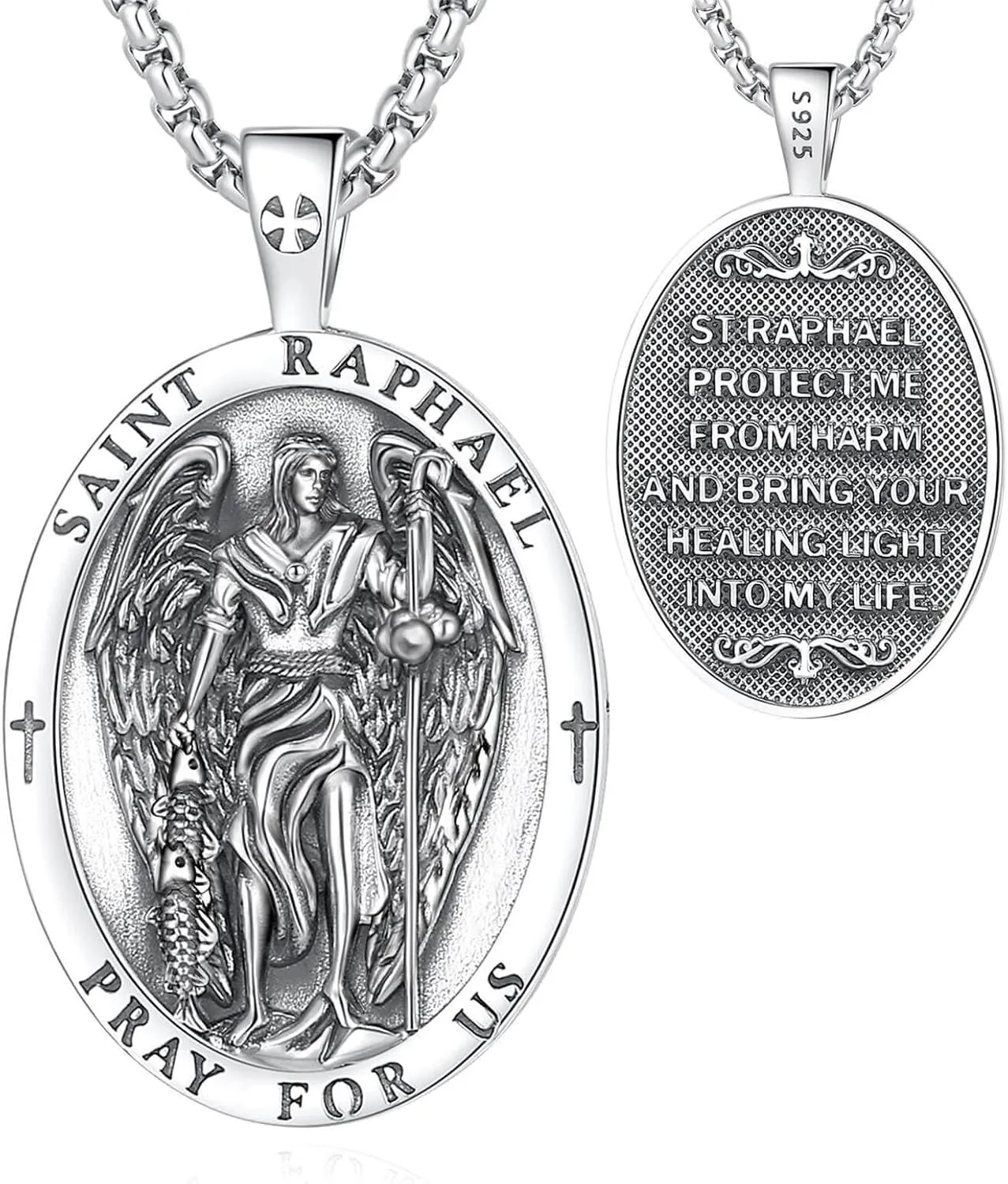 EUDORA 925 Sterling Silver St Benedict/St Michael/St Christopher/Archangel Raphael Gabriel/Virgin Mary/St Joseph/St Anthony Crucifix Pendant Bible Verse Prayer Necklace Amulet Jewelry for Men Women