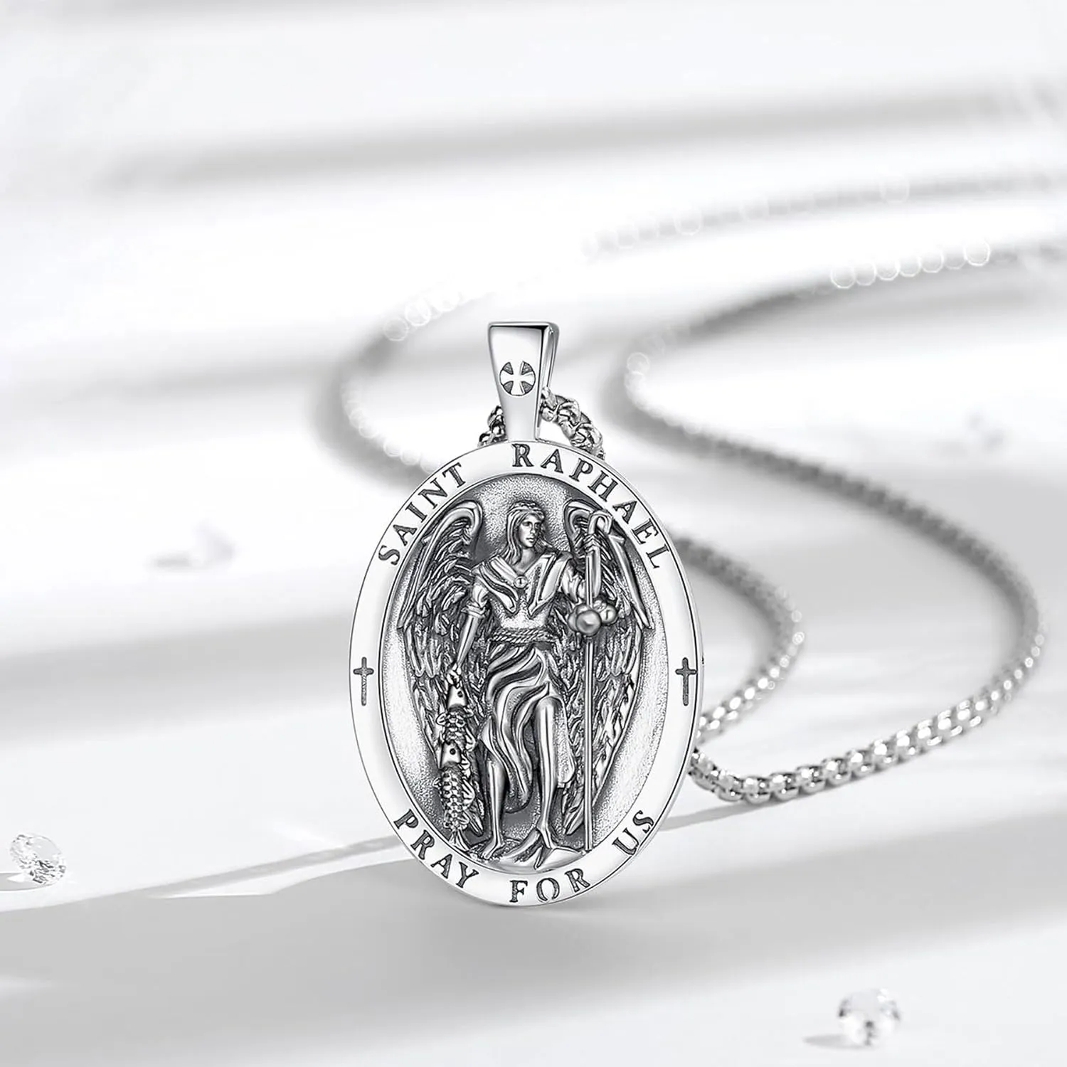 EUDORA 925 Sterling Silver St Benedict/St Michael/St Christopher/Archangel Raphael Gabriel/Virgin Mary/St Joseph/St Anthony Crucifix Pendant Bible Verse Prayer Necklace Amulet Jewelry for Men Women