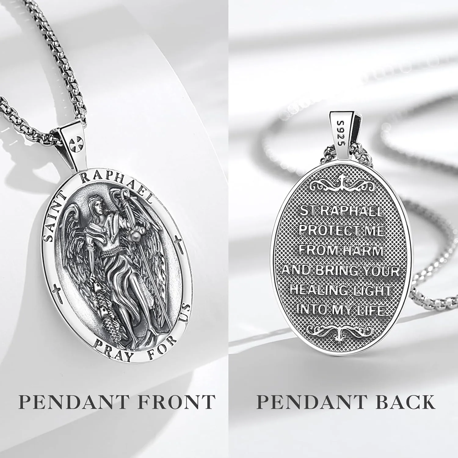 EUDORA 925 Sterling Silver St Benedict/St Michael/St Christopher/Archangel Raphael Gabriel/Virgin Mary/St Joseph/St Anthony Crucifix Pendant Bible Verse Prayer Necklace Amulet Jewelry for Men Women