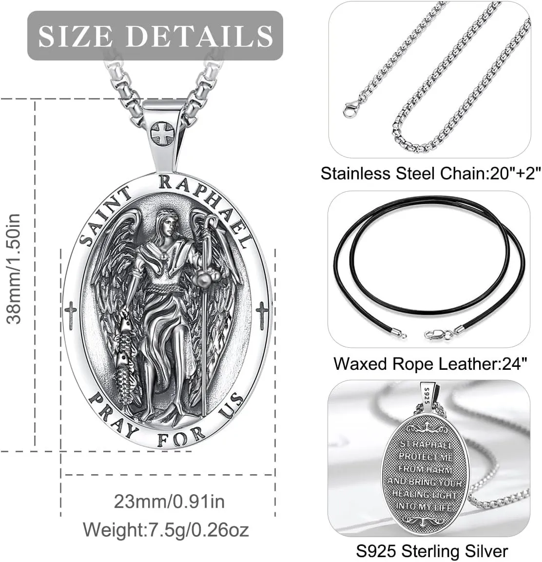 EUDORA 925 Sterling Silver St Benedict/St Michael/St Christopher/Archangel Raphael Gabriel/Virgin Mary/St Joseph/St Anthony Crucifix Pendant Bible Verse Prayer Necklace Amulet Jewelry for Men Women
