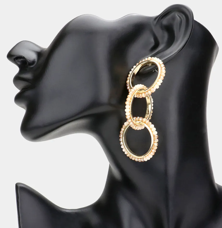 Faceted Bead Trimmed Triple Open Circle Link Dangle Earrings (2 Colors)