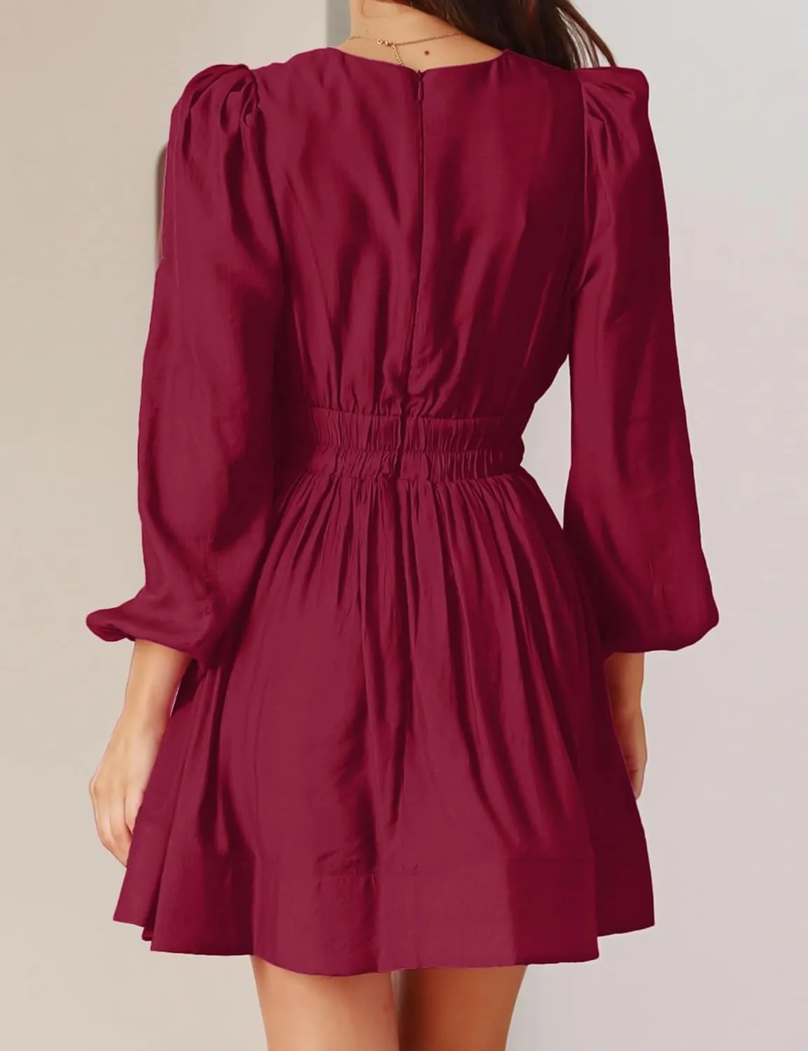 FAIABLE Mini Dress Deep V Sexy Dress Long Sleeve Dress for Women A-line High Waisted Casual Flowy Dress