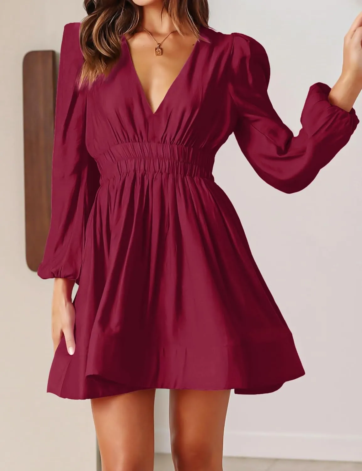 FAIABLE Mini Dress Deep V Sexy Dress Long Sleeve Dress for Women A-line High Waisted Casual Flowy Dress