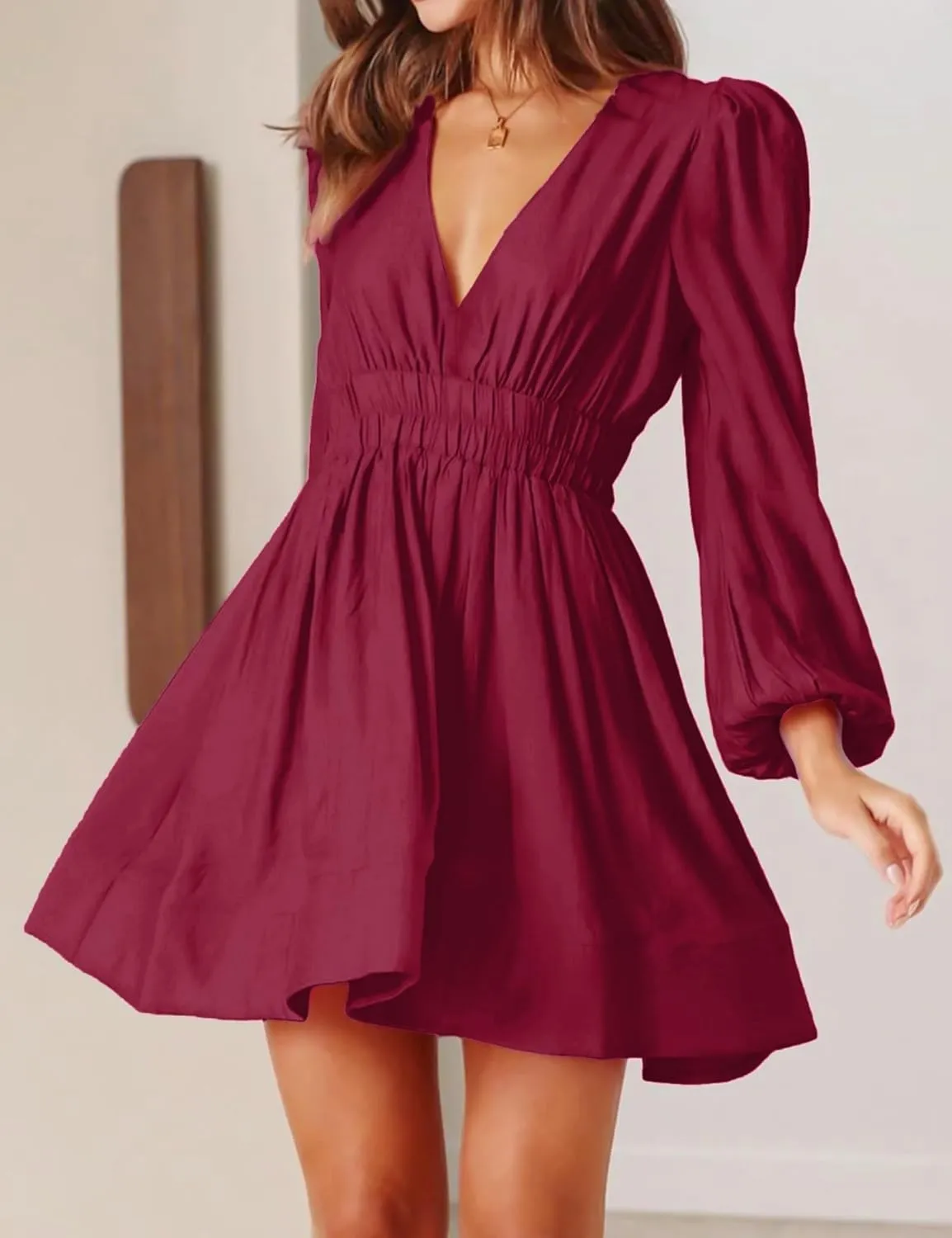 FAIABLE Mini Dress Deep V Sexy Dress Long Sleeve Dress for Women A-line High Waisted Casual Flowy Dress