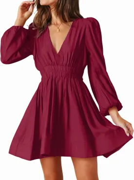 FAIABLE Mini Dress Deep V Sexy Dress Long Sleeve Dress for Women A-line High Waisted Casual Flowy Dress