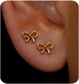 Gold Earrings for Women 14K Gold Stud Earring Dainty Minimalist Simple Small Bow Earrings Jewelry Gift for Her