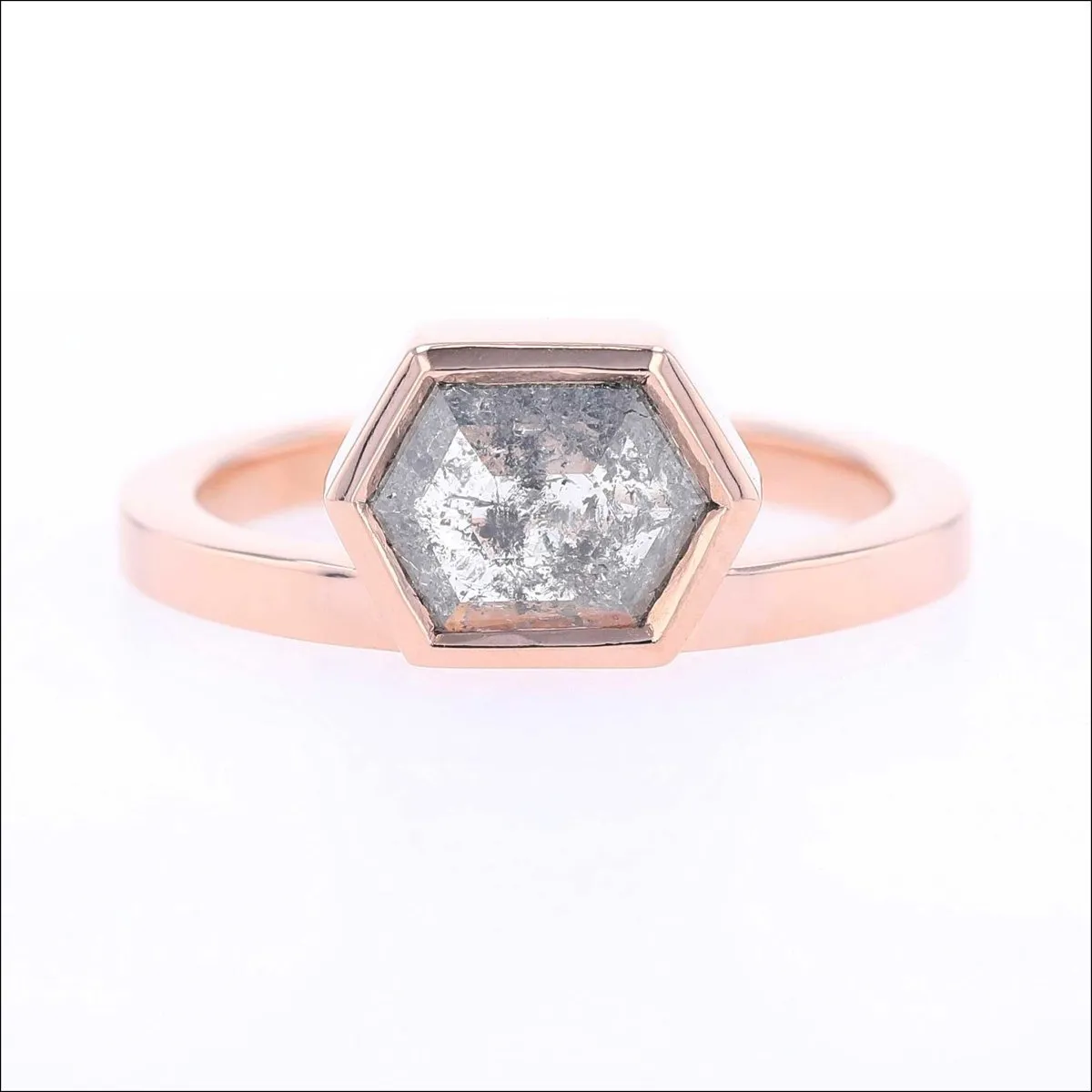 Hexagon Salt and Pepper Rose Cut Diamond Engagement Ring 14K Rose
