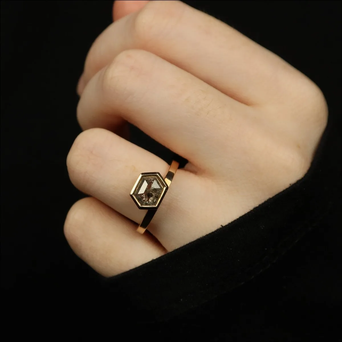Hexagon Salt and Pepper Rose Cut Diamond Engagement Ring 14K Rose