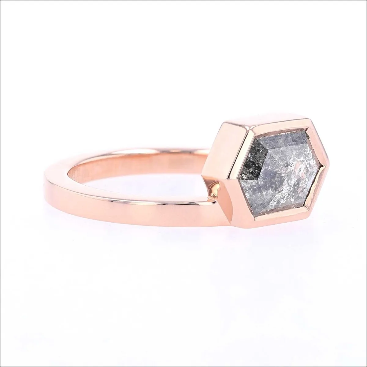 Hexagon Salt and Pepper Rose Cut Diamond Engagement Ring 14K Rose