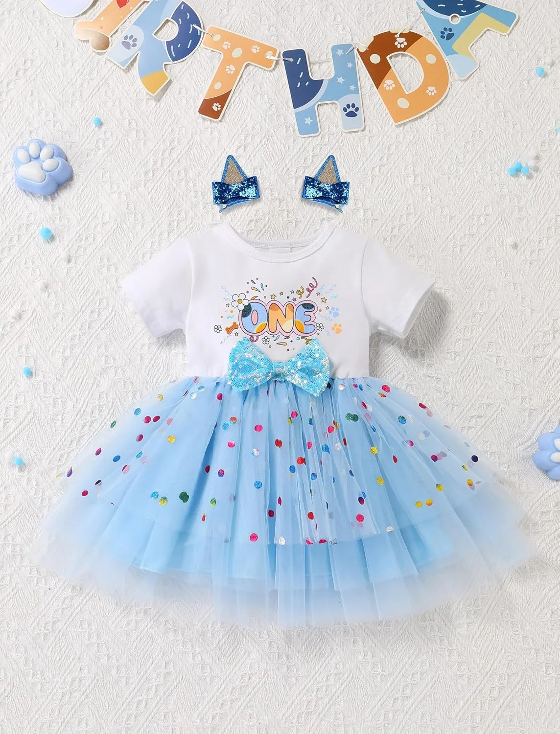 IMEKIS Toddler Birthday Girl Sparkle Confetti Ruffle Tutu Dress Dog Ears Hair Clips Outfit Cake Smash Photo Shoot 1-3T