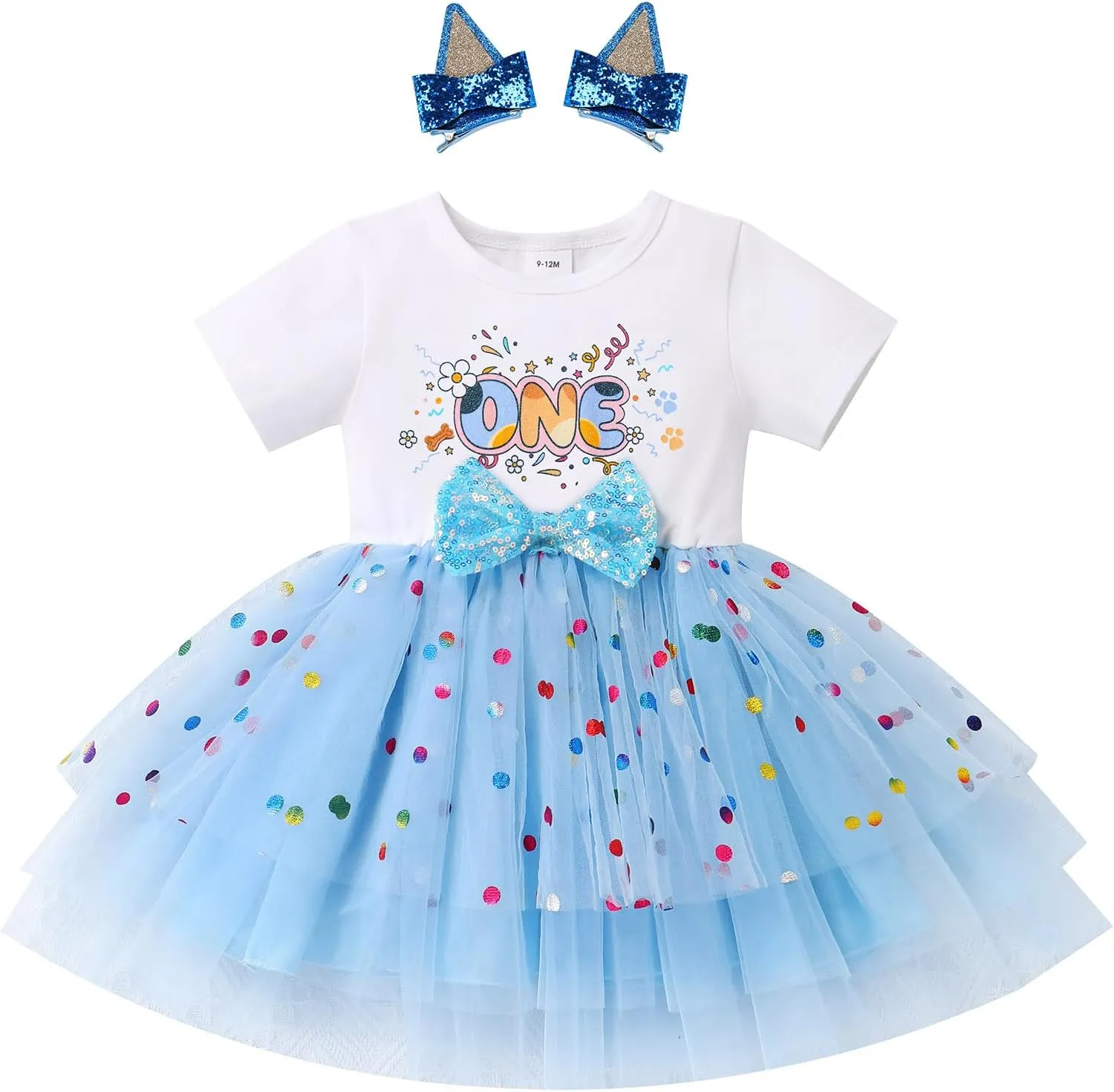 IMEKIS Toddler Birthday Girl Sparkle Confetti Ruffle Tutu Dress Dog Ears Hair Clips Outfit Cake Smash Photo Shoot 1-3T