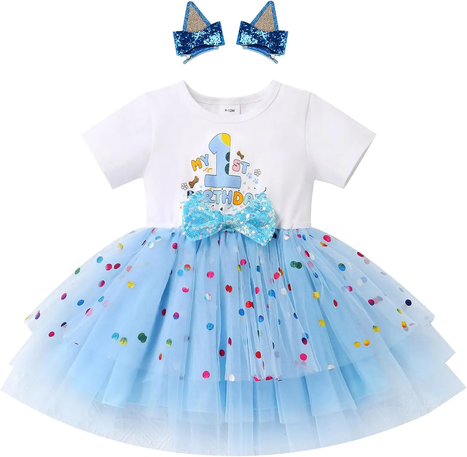 IMEKIS Toddler Birthday Girl Sparkle Confetti Ruffle Tutu Dress Dog Ears Hair Clips Outfit Cake Smash Photo Shoot 1-3T