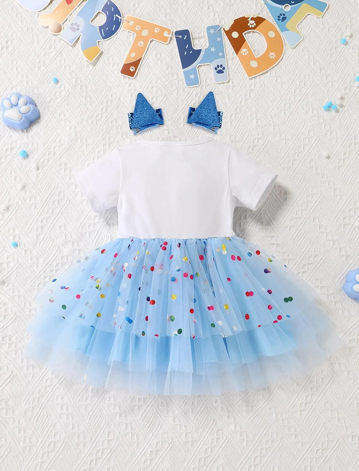 IMEKIS Toddler Birthday Girl Sparkle Confetti Ruffle Tutu Dress Dog Ears Hair Clips Outfit Cake Smash Photo Shoot 1-3T