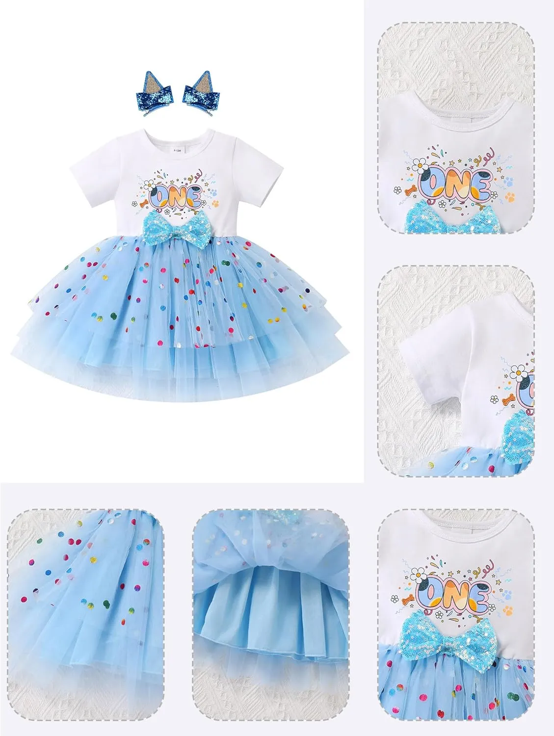 IMEKIS Toddler Birthday Girl Sparkle Confetti Ruffle Tutu Dress Dog Ears Hair Clips Outfit Cake Smash Photo Shoot 1-3T