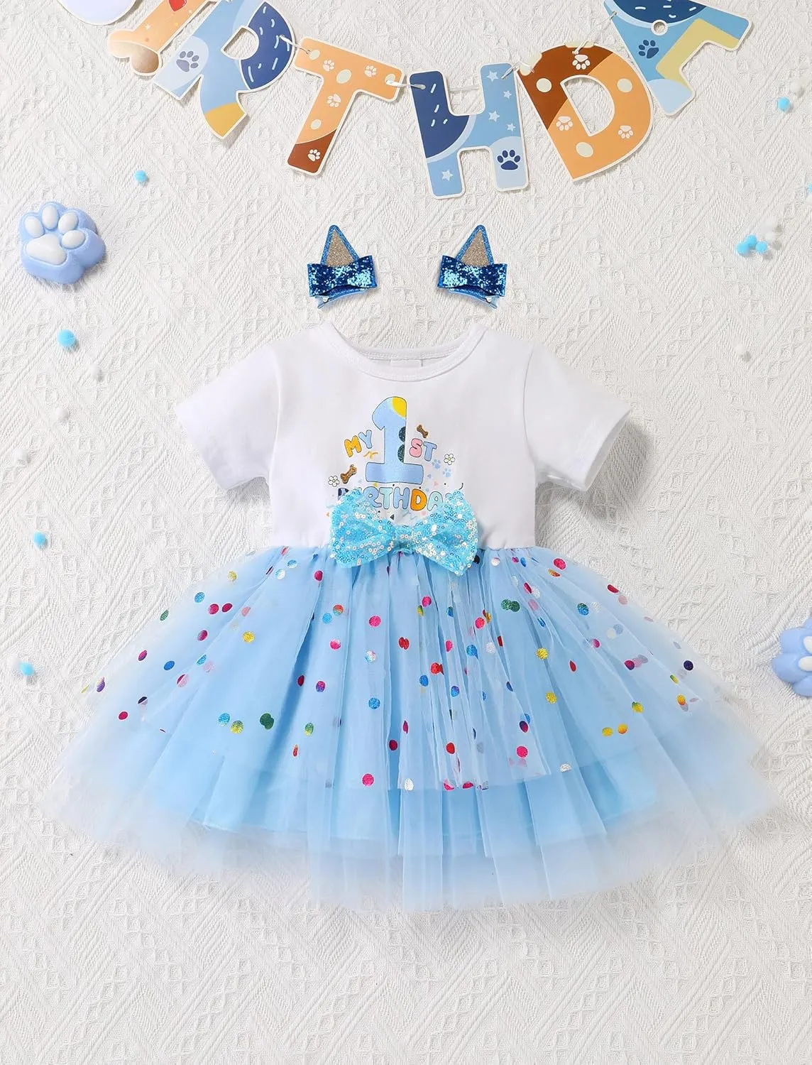 IMEKIS Toddler Birthday Girl Sparkle Confetti Ruffle Tutu Dress Dog Ears Hair Clips Outfit Cake Smash Photo Shoot 1-3T